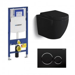 Geberit Pack WC suspendu Banio-Gary Noir brillant Compact avec duofix et abattant soft-close easyrelease + touche noir complet