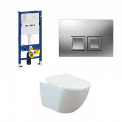 Geberit Duofix pack WC cuvette suspendu design rimless blanc mat et touche chromé complet