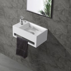 Banio Lave-mains solid suface blanc mat rectangulaire avec porte-serviette trou à gauche 35,6x20,3cm blanc