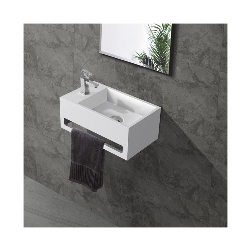 Banio solid surface lave-mains avec porte-serviettes blanc avec trou pour robinet à gauche 35.8x20.5x15.7cm