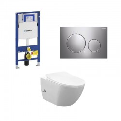 Geberit Duofix pack WC cuvette suspendu rimless blanc avec fonction bidet et robinet d'eau froide touche chrome brillant complet
