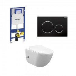 Geberit Duofix pack WC cuvette suspendu rimless blanc avec fonction bidet et robinet d'eau chaude/froide touche noir complet