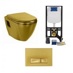 Banio pack WC suspendu design avec abattant softclose or et plaque de commande or