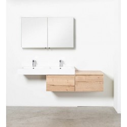 Banio meuble de salle de bain avec double vasque asymétrique blanc brillant Tomino - chêne 120cm