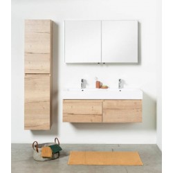 Banio meuble de salle de bain avec double vasque blanc brillant Tomino - chêne 120cm