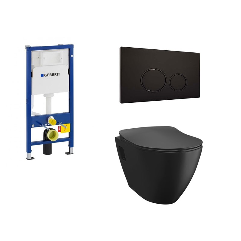 Geberit Pack WC bâti Duofix avec WC suspendu Noir mat et Abattant frein de chute soft-close et Plaque Noire mat