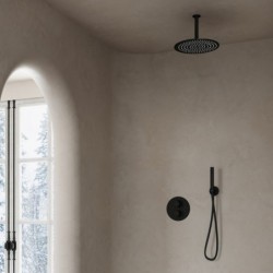 thermostatique encastré Banio Nero ronde avec douche de tête de 20 cm et bras de plafond noir mat