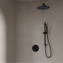 thermostatique encastré Banio Nero ronde avec douche de tête 20 cm, bras mural et barre de douche noir mat