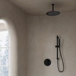 thermostatique encastré Banio Nero ronde avec douche de tête de 30 cm, bras de plafond et barre de douche noire mat